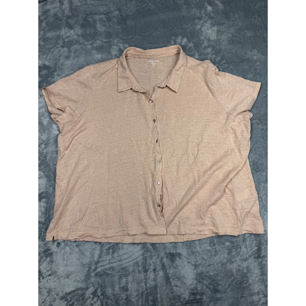 Eileen Fisher Organic Linen Jersey Short Sleeve Button Up Shirt Peach Tan XL